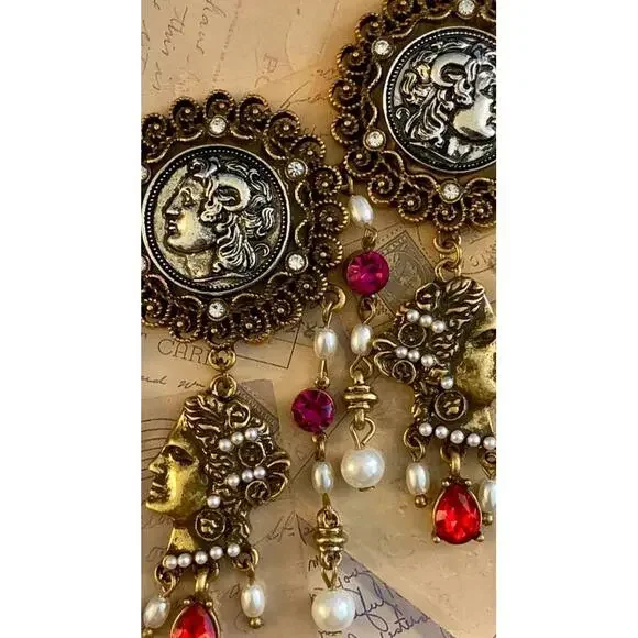 Ornate Greek Coin Medallion Chandelier Earrings Pearl Pink Crystal Brass Dangles - Picture 2 of 2